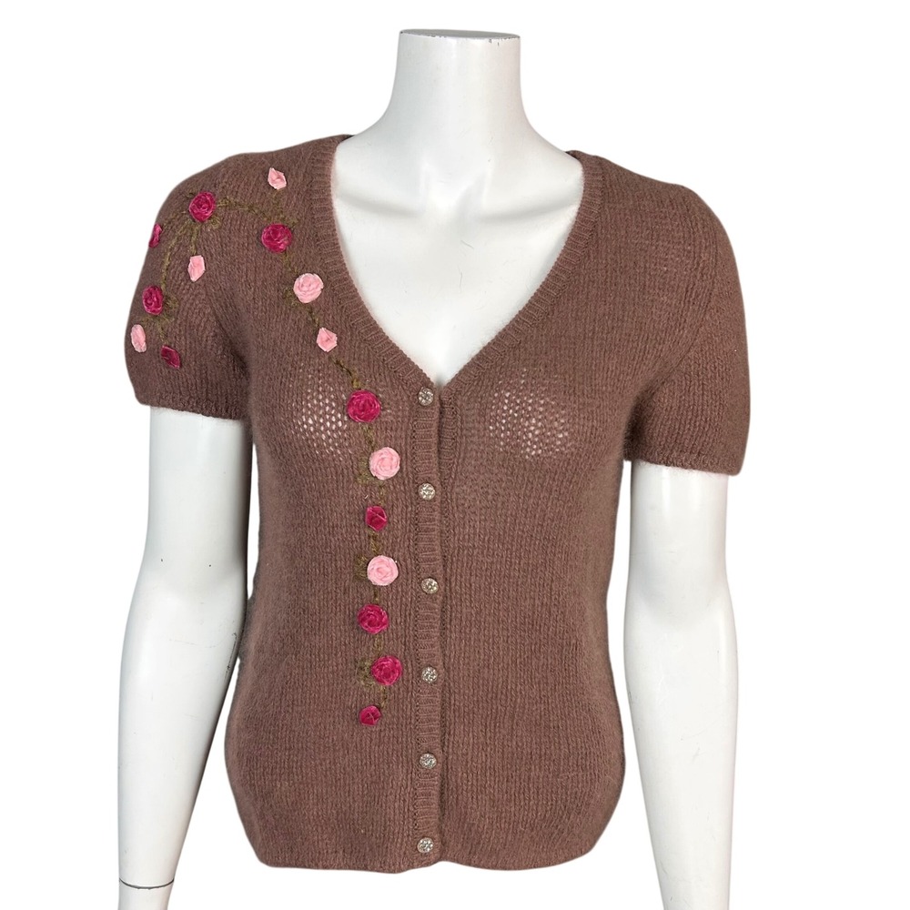 Blumarine Whimsical Cardigan Sweater Size 10 46 Brown Angora Floral Rose 3-D NWT